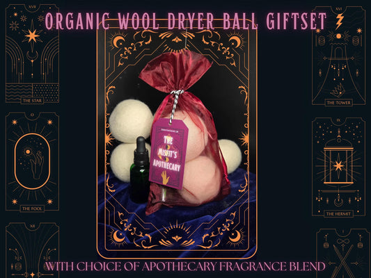 Organic Wool Dryer Ball Giftset with choice of Apothecary fragrance Blend | Eco-Friendly Natural Aromatherapy, Energy-Cleansing laundry